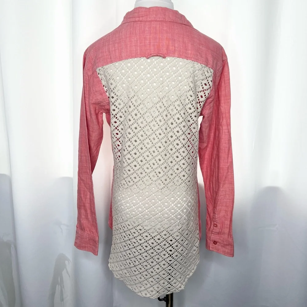 FREE PEOPLE Road Trip Chambray Crochet Button Down Shirt